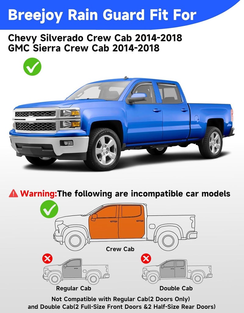 Breejoy in-Channel Extra Durable Rain Guards Fit for 2014-2018 Chevy Chevrolet Silverado/GMC Sierra Crew Cab Truck,Vent Window Visors, Window Deflector, Vent Shades Car Accessories -4 pcs - Image 3